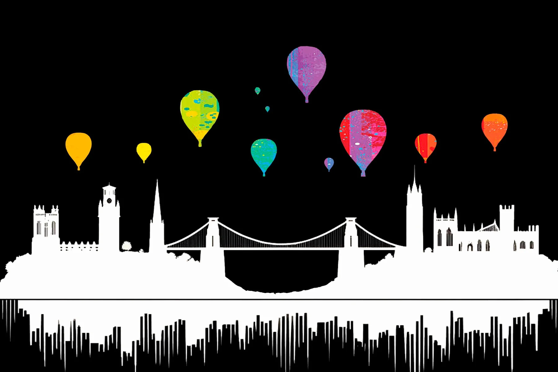 Bristol skyline and Clifton Suspension Bridge with hot air balloons overhead