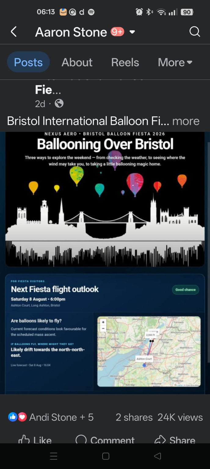 Facebook post showing the Bristol Fiesta flight outlook with 24 thousand views