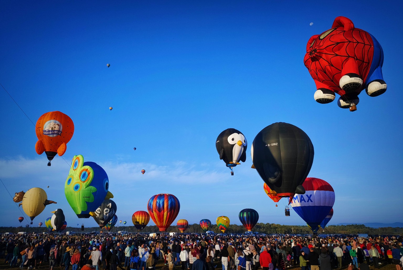 Special-shape hot air balloons flying above a large Adirondack Balloon Festival crowd under a clear blue sky