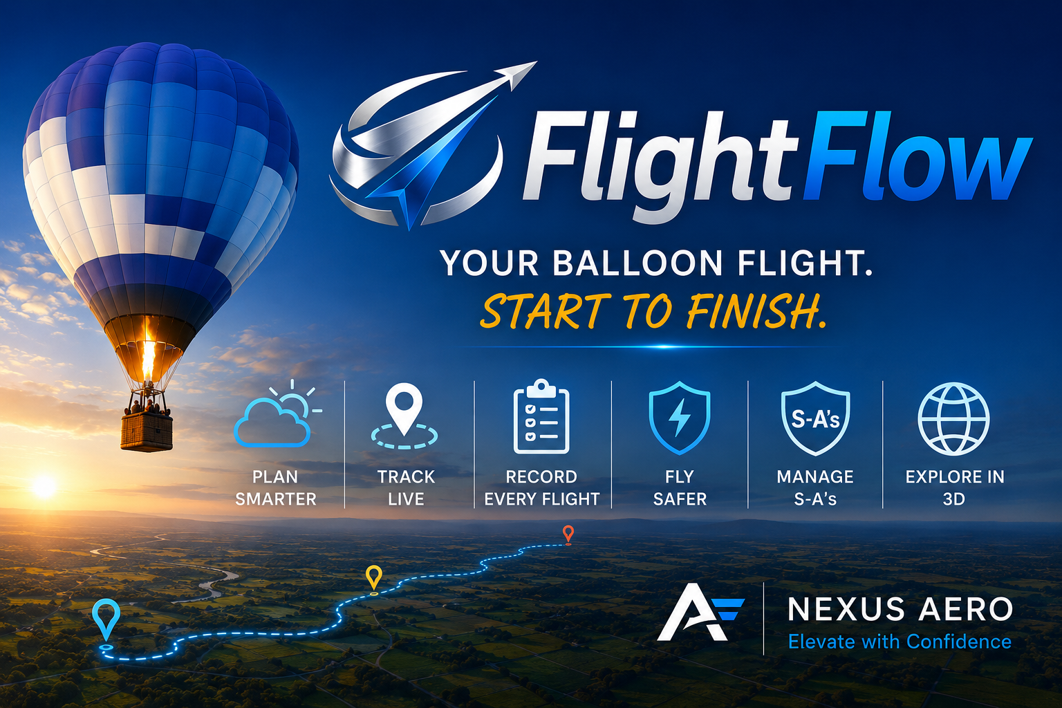 FlightFlow hero advert showing balloon flight planning features