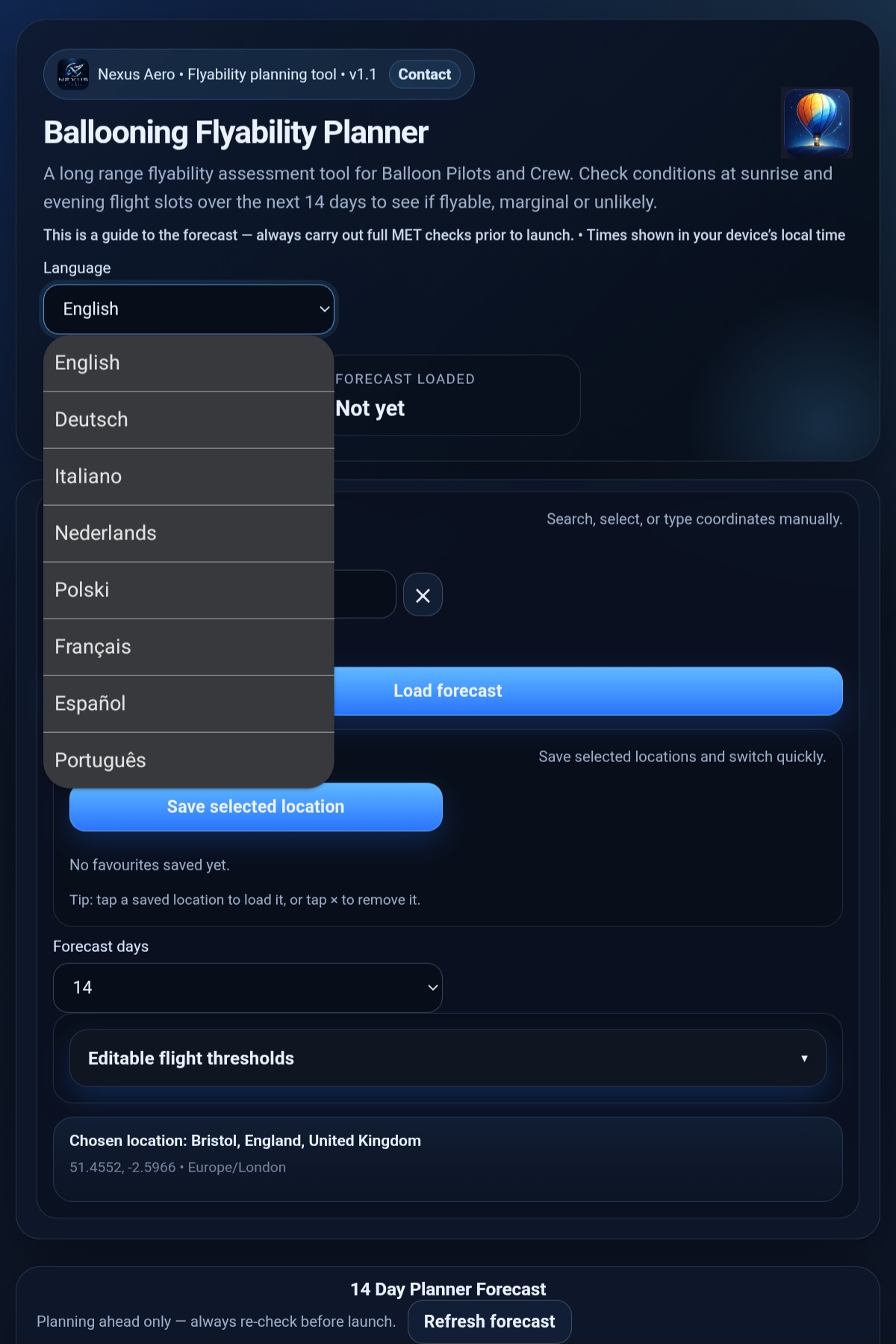 Flyability language selection screen