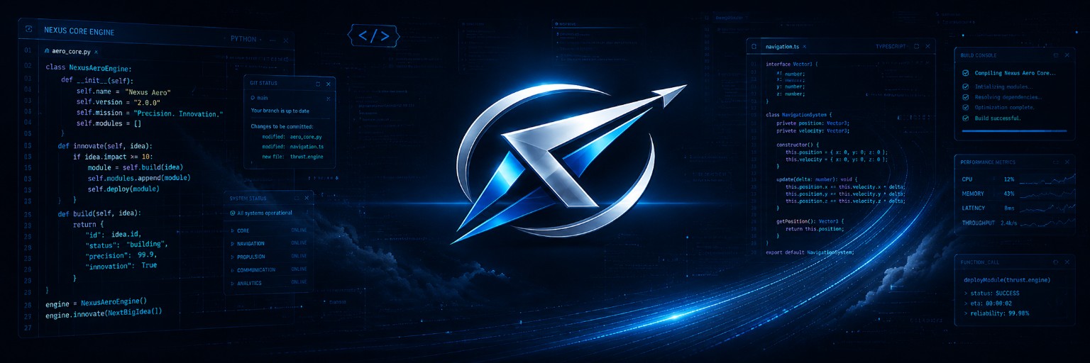 Nexus Aero logo surrounded by visual software code and development interfaces