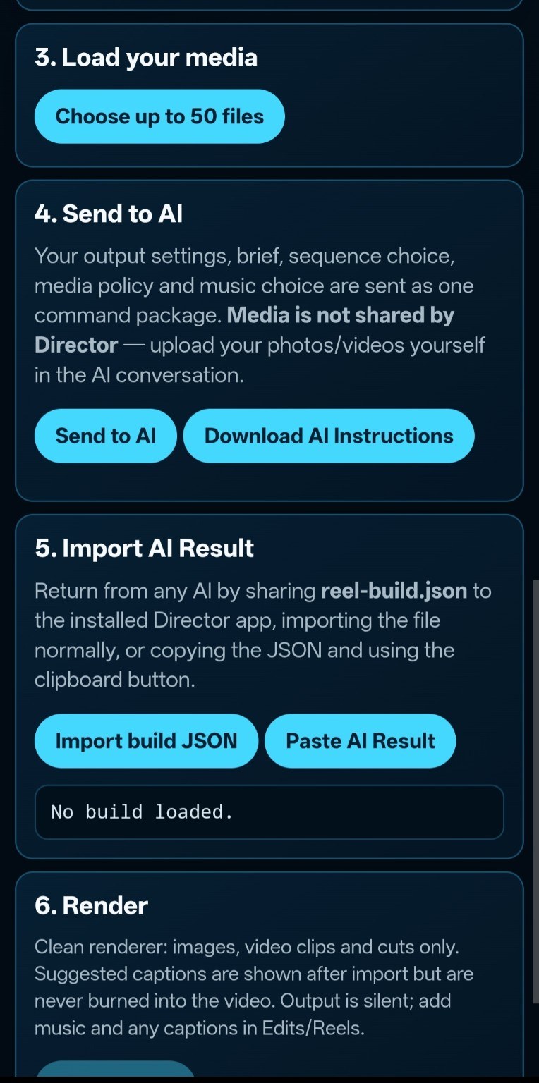 Nexus Reels Director media loading AI handoff and import workflow