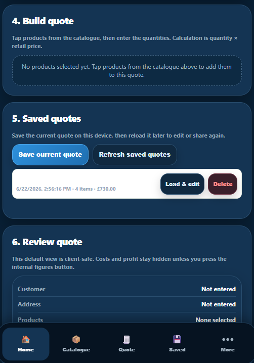 Nexus Quote Builder build quote and saved quotes