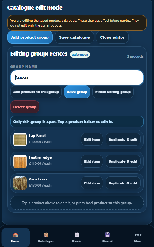 Nexus Quote Builder catalogue edit mode